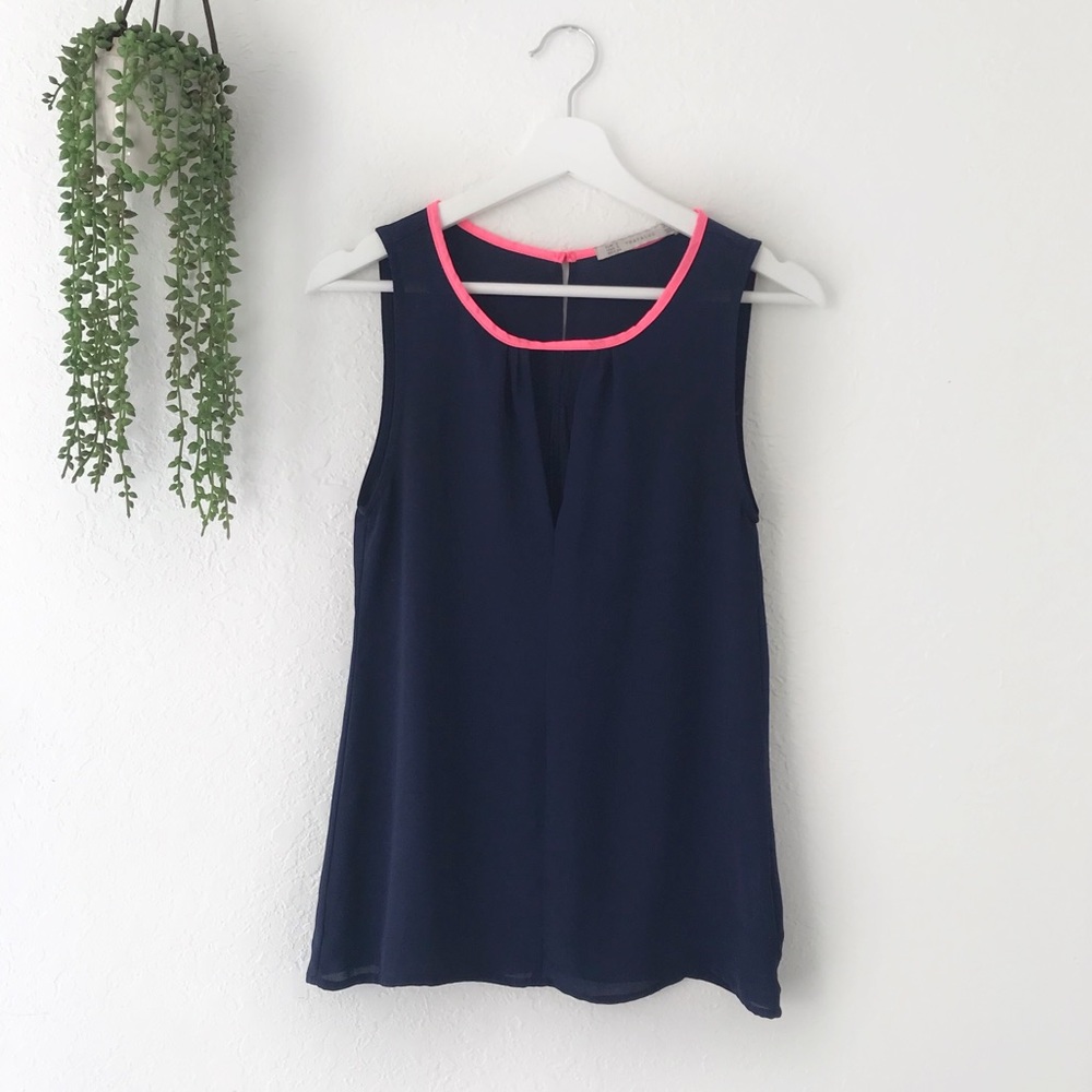 Zara TRF Navy Blue Sleeveless Top Pink Trim